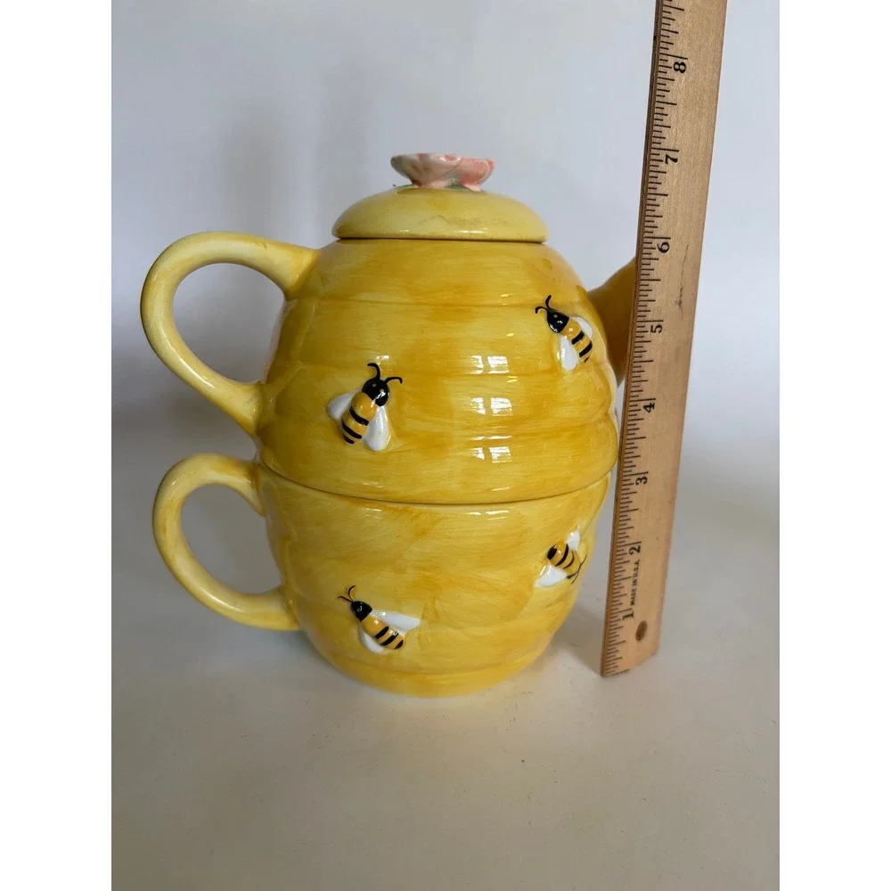 3 Piece Bee Bumblebee Hive Teapot Cup Set Country Cottagecore Yellow Floral Tea